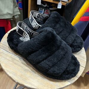 UGG Black Fluffy Slide Slippers